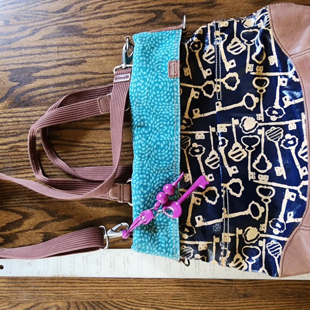 Fossil Tote Bag in Blue, Brown, and Pink